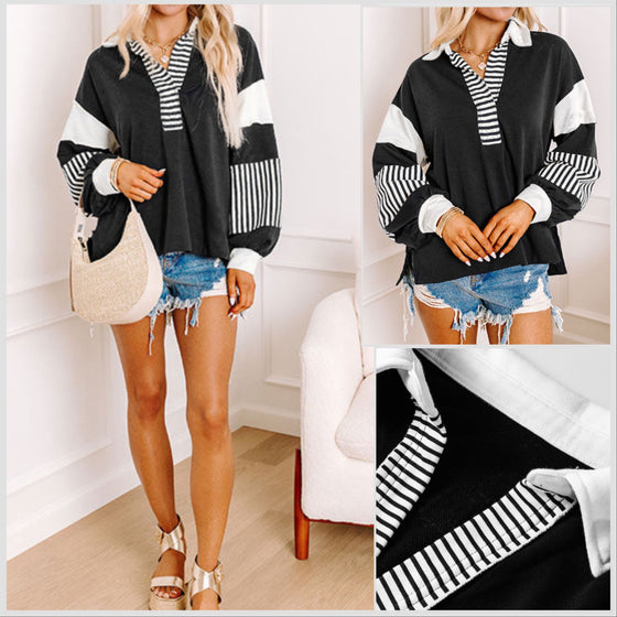 Just Arrived! - Striped Color Block Mid Weight Loose Fit Sweatshirt