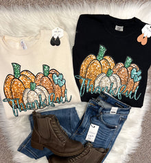  Thankful Faux Sequin Pumpkins - Jerzees Crewneck Sweatshirt Cream or Comfort Colors Short Sleeve Tee Black