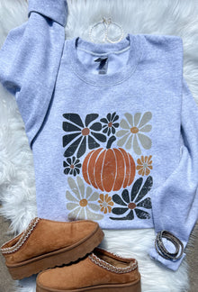  Jerzees or Gildan Crewneck Sweatshirt - Hippy Retro Daisies & Pumpkin