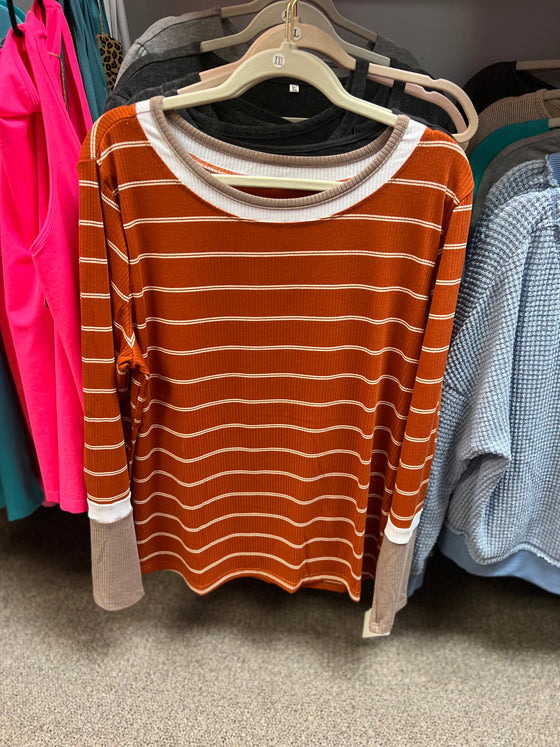 Last 1! Sz 2XL - Rust Stripe Long Sleeve