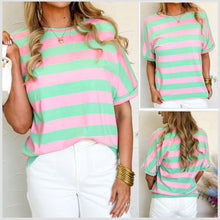  In Stock! Loose Fit Cotton Blend Cuffed Short Sleeve Pink/Mint Stripe Tee