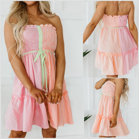 Smocked Strapless Cotton Blend Dress