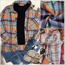  Just Arrived! Going Quickly! Orange, Blue Plaid With Round Side Slit Hem - Great Length! Cotton Flannel Feel