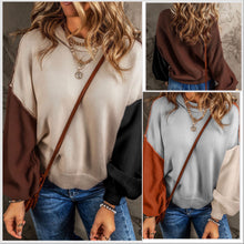  2XL Brown/Beige/Black Color Block Bishop Sleeve Sweater