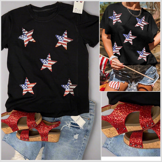 In Stock S-2XL Cotton Blend Star Sequined Tee