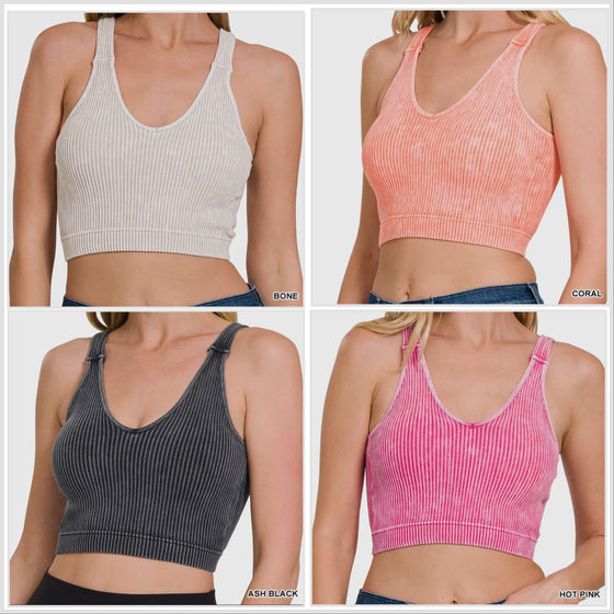 Restocked! Customer Fav! Mineral Washed Ribbed Removable Bra Pad Crop Tank Bralette