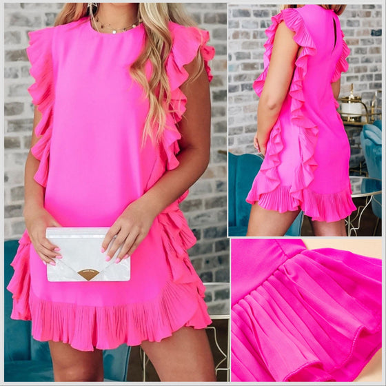 In Stock! Ruffled Hot Pink Midi Dress