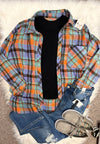 Just Arrived! Going Quickly! Orange, Blue Plaid With Round Side Slit Hem - Great Length! Cotton Flannel Feel