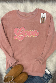  Corded Loose Fit Chenille Love Crew