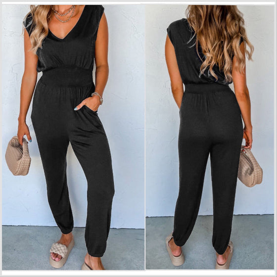 S-3X REORDER! Everyone’s Favorite!Black Shirred V-Neck Cotton Blend Jumpsuit - ETA 6/17