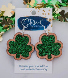  Just Arrived! 
Green Glitter & Wood Shamrock Dangle Earrings