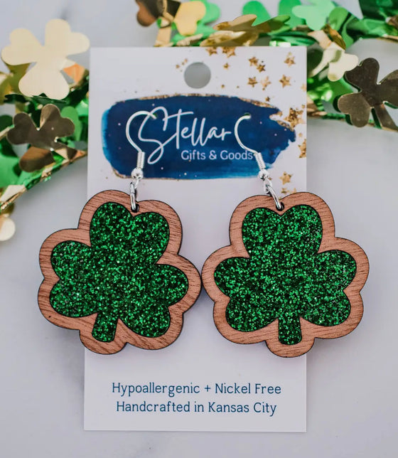 Just Arrived! 
Green Glitter & Wood Shamrock Dangle Earrings