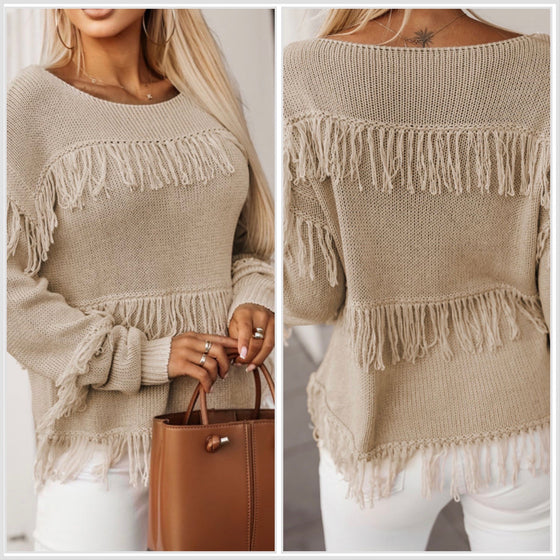 Restocked! Khaki Boho Tassel Sweater