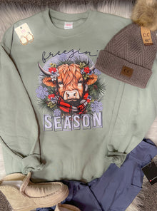  S, 3XL - Freezin Season Highland Cow Stonewashed Green Crewneck Sweatshirt