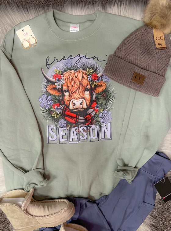 S, 3XL - Freezin Season Highland Cow Stonewashed Green Crewneck Sweatshirt