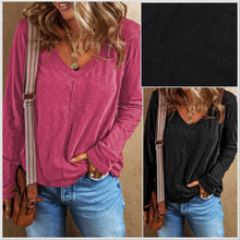  S-2XL! Rose or Black V-Neck Long Sleeve Tee