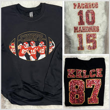  Chiefs Front/Back Choice of Kelce, Mahomes or Pacheco - Long Sleeve Tee, Crewneck or Hoodie