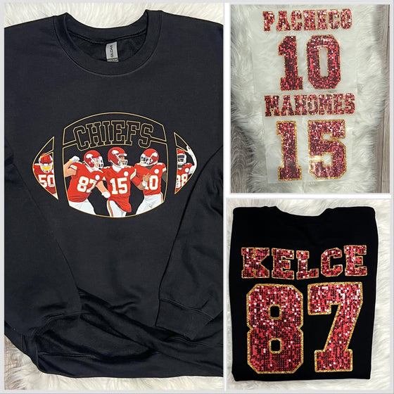 Chiefs Front/Back Choice of Kelce, Mahomes or Pacheco - Long Sleeve Tee, Crewneck or Hoodie