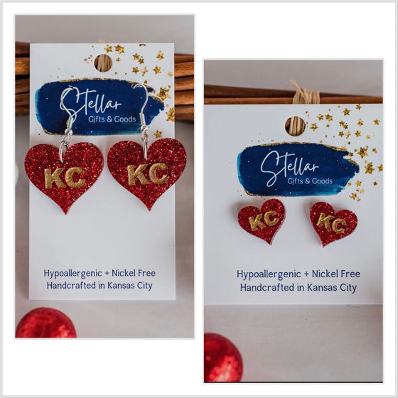 3rd Restock Just Arrived! KC Chiefs Heart Glitter Hand Painted Dangles or Studs