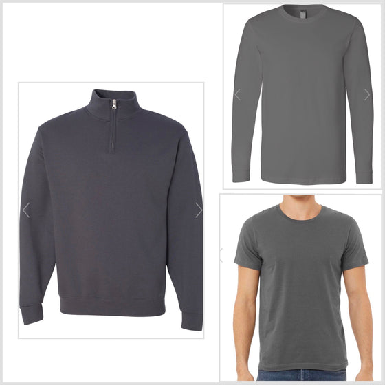 Charcoal Gray - Front Back Short Sleeve, long Sleeve, Crewneck Sweatshirt or 1/4 Zip Pullover