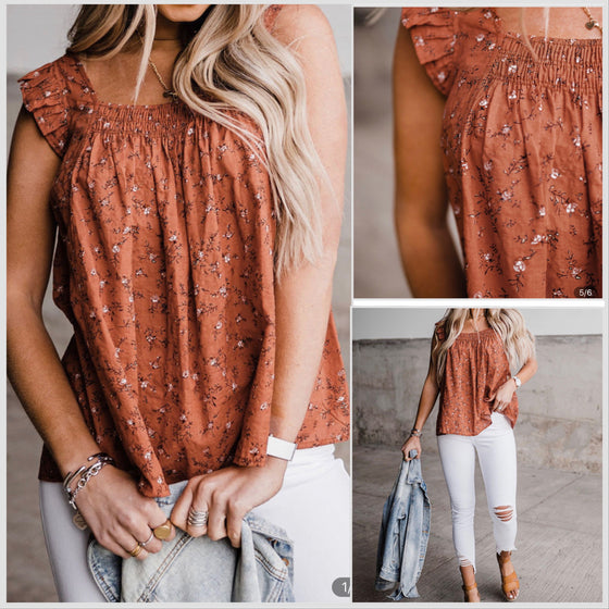 Last 2! S ,M - Loose Fit! Rust Floral Smocked Flounce Sleeveless