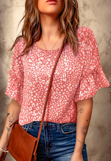  Pink Leopard Flutter Sleeve Blouse