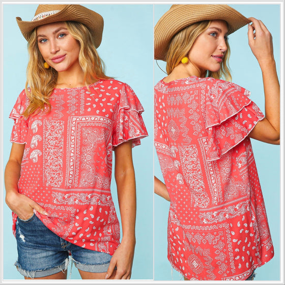 S-3XL Grapefruit Paisley Ruffle Sleeve Blouse By Haptics