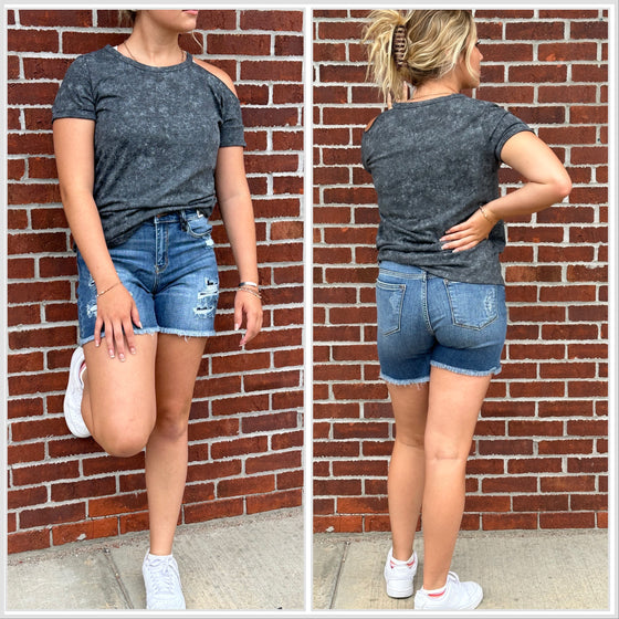 Gray Vintage Wash Cold Shoulder Tee