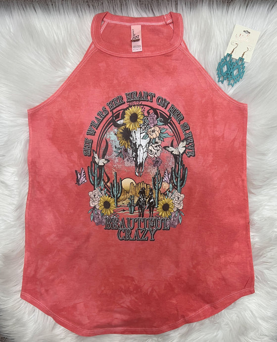 Last 1! Sz S ! Coral Dyed Tri Rocker Tank Beautiful Crazy