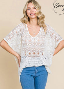  S-3X Cotton Bleu - Lace V Neck Drop Shoulder