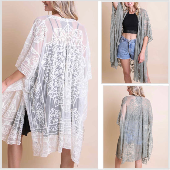 Sage or Off White Floral Mandala Embroidered Kimono