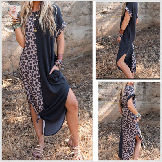 Sz M Leopard Spliced Side Slit Maxi Tee Shirt Dress