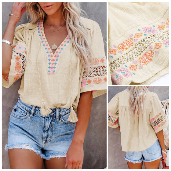 Beige Tassel Embroidered 1/2 Sleeve