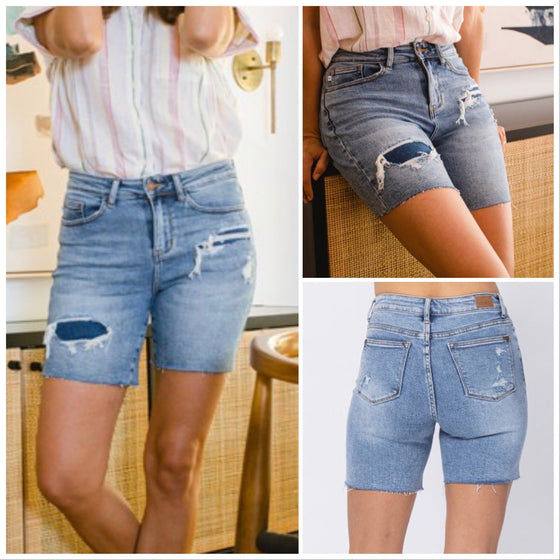 Last 2! S, M - Judy Blue Mid Denim Patch Shorts