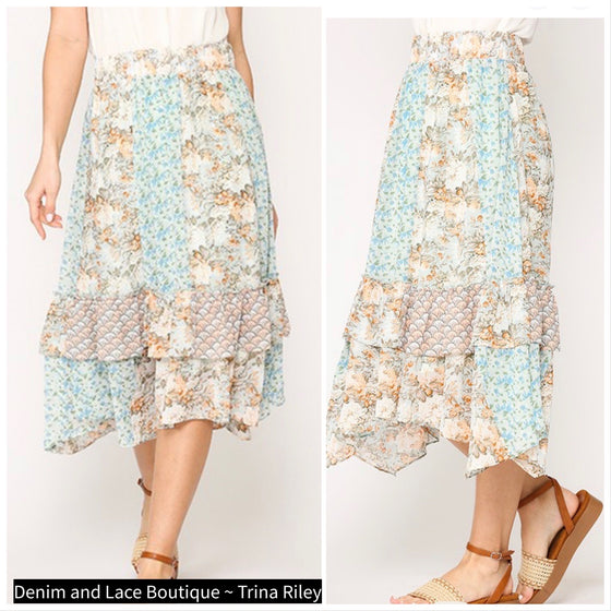 Gigio Spring Floral Shark-bite Hem Chiffon Mixed Skirt