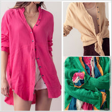  NEW ARRIVAL! Cherry Cloth Gauze Side Slit Pocket Button Up - Makes a Great Swim Cover Up sooo Versatile!