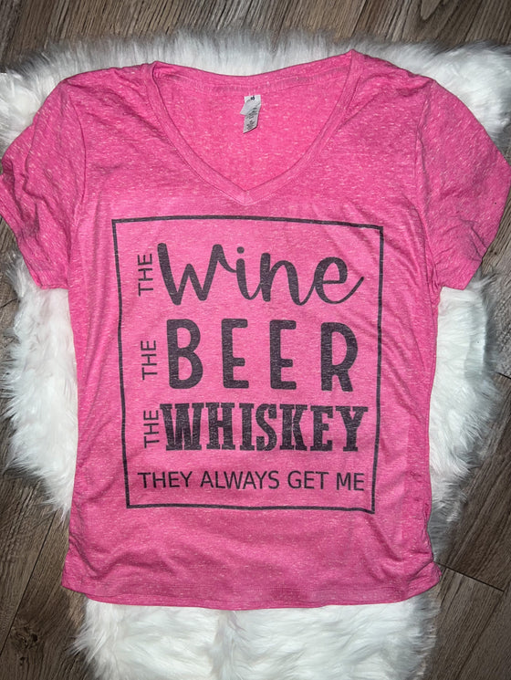 V-Neck Jerzees Heather Pink The Wine The Beer The Whiskey