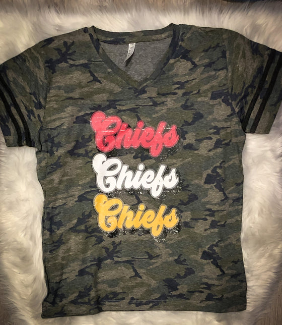 Chiefs Retro Soft Screen Camo Varsity V-Neck Short Sleeve Tee