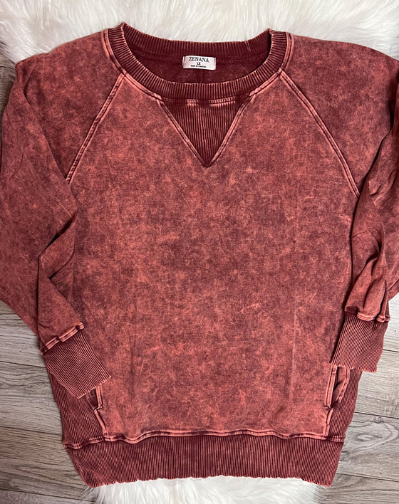 Plum 3X - Zenana Cotton High Quality Acid Wash Crewneck Sweatshirt