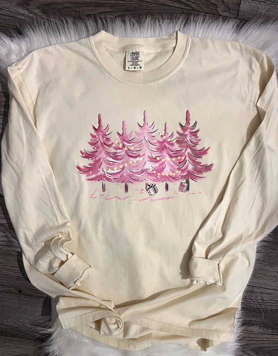 Pink Christmas Trees Comfort Colors Long Sleeve