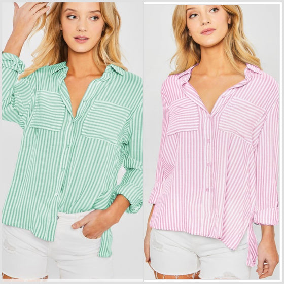 Lightweight 3/4 Sleeve Option! Pink or Green! Best Selling Love Tree Stripe Button Down