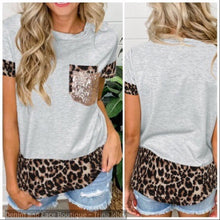  Gray Leopard Spliced Tee With Sequin Pocket