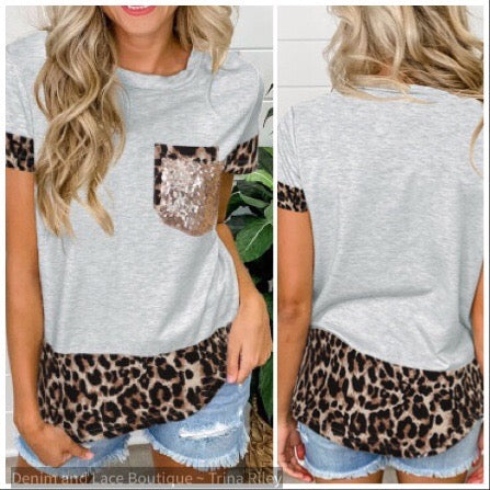 Gray Leopard Spliced Tee With Sequin Pocket