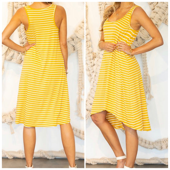 Sz L - Mustard Flowy Hi Low Stripe Sundress