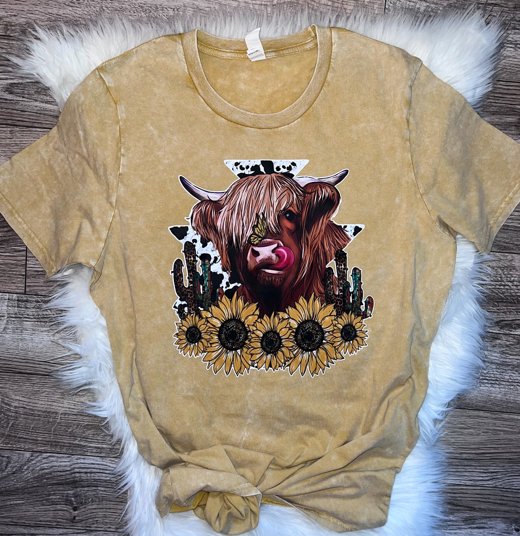 Super Soft Acid Wash Tee With Highland Cow & Sunflowers – Denim and ...