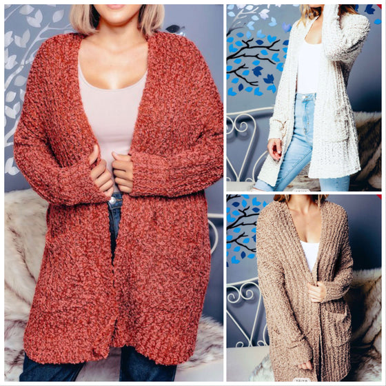 2X/3X Ribbed Knit Popcorn Pocket Cardigan