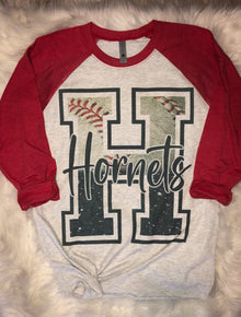  Hornets Baseball or Softball Sublimation Red 3/4 Sleeve Raglan