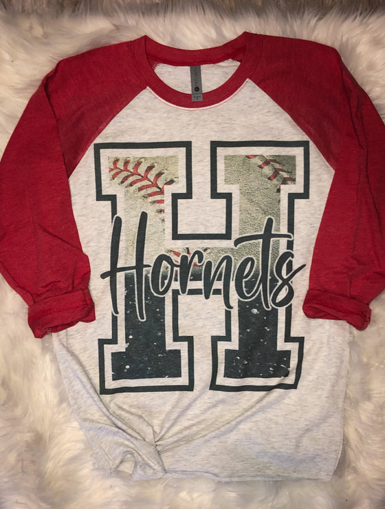 Hornets Baseball or Softball Sublimation Red 3/4 Sleeve Raglan