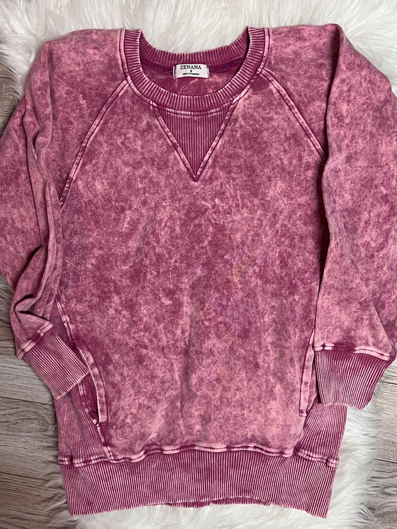 Plum 3X - Zenana Cotton High Quality Acid Wash Crewneck Sweatshirt