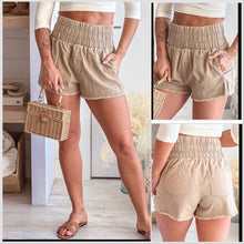  Khaki Smocked High Waist Cotton/Spandex Pocket Shorts